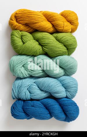 Filati in diversi colori su sfondo bianco. Hobby e svago. Foto Stock