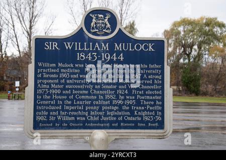 Targa Sir William Mulock presso la sala commemorativa della comunità sulla 27 a Bond Head, Ontario, Canada Foto Stock