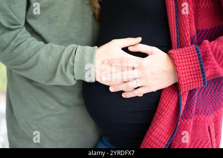 Mani amorevoli sulla pancia incinta in un accogliente ambiente autunnale Foto Stock