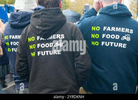 Londra, Regno Unito. 19 novembre 2024. Tre famer che indossano felpe con cappuccio di protesta al London Farming Rally di Whitehall, in segno di protesta per i piani del governo di tagliare al 50% gli aiuti alla proprietà agricola sulla tassa di successione per le aziende agricole. Foto Stock