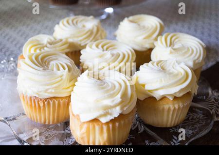 Deliziose Cupcake alla vaniglia con glassa cremosa e soffice su un piatto decorativo Foto Stock