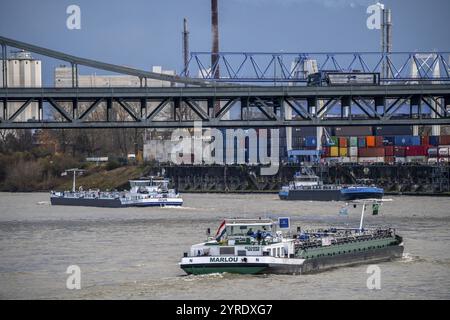 Navi da carico, ponte Krefeld-Uerdingen sul Reno, vicino a Krefeld-Uerdingen, Renania settentrionale-Vestfalia, Germania, Europa Foto Stock