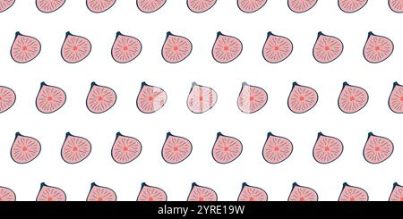 Motivo senza cuciture con fichi dimezzati con interni rosa e contorni scuri, spaziati uniformemente su sfondo bianco. Illustrazione Vettoriale