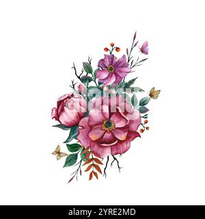 Composizione floreale con peonie e anemoni. Illustrazione ad acquerello con farfalle e foglie su sfondo bianco. Composizione molla per cartolina Foto Stock