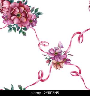 Fiori senza cuciture con peonia rosa, foglie e nastro. Illustrazione isolata con acquerello su sfondo bianco. Per la carta da imballaggio, confezione regalo per WO Foto Stock