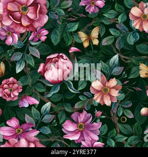 Motivo senza cuciture con fiori e farfalle, anemoni e foglie. Illustrazione acquerello su sfondo nero. Ornamento per le vacanze primaverili ed estive Foto Stock