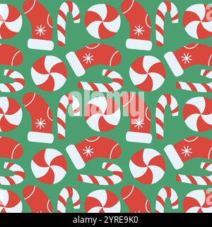 Motivo natalizio senza cuciture con calze rosse e bastoncini di caramelle su sfondo verde. Design vettoriale per le feste. Illustrazione Vettoriale