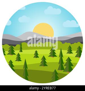 Paesaggio vettoriale con campi, alberi e montagne in cerchio. Mattina presto con l'alba del sole all'orizzonte. Illustrazione vettoriale. Illustrazione Vettoriale