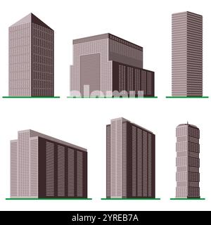 Si compone di sei alti e moderni edifici su sfondo bianco. Vista dell'edificio dal basso. Illustrazione vettoriale isometrica. Illustrazione Vettoriale