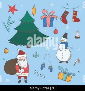 Un set colorato di elementi natalizi Illustrazione Vettoriale
