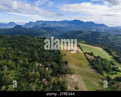 La foresta verde incontra i campi coltivati in uno splendido paesaggio montano durante le ore diurne. Foto Stock
