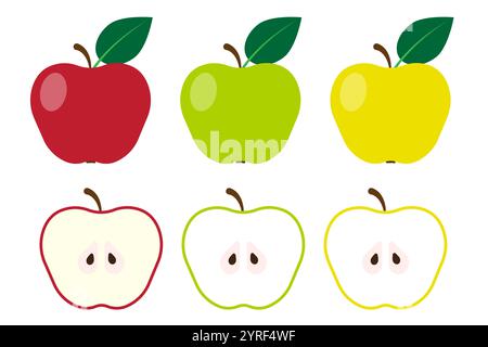 Set di varietà di mele. Intero e tagliato a fette. Frutti rossi, verdi, gialli. Illustrazione vettoriale. Illustrazione Vettoriale