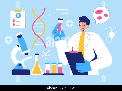 Illustrazione del vettore dei biomarcatori con prove biologiche del DNA dei biomarcatori, nanotecnologia, formule chimiche strutturali e modelli molecolari Illustrazione Vettoriale