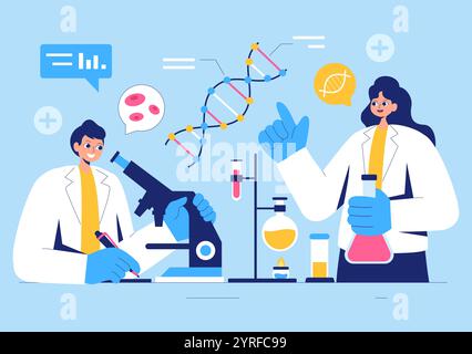 Illustrazione del vettore dei biomarcatori con prove biologiche del DNA dei biomarcatori, nanotecnologia, formule chimiche strutturali e modelli molecolari Illustrazione Vettoriale