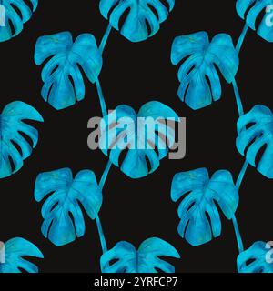 Un motivo accattivante e audace che mette in risalto le foglie di monstera turchese su uno sfondo scuro e profondo. Design ad acquerello senza cuciture per la stampa su carta e tessuto. Foto Stock