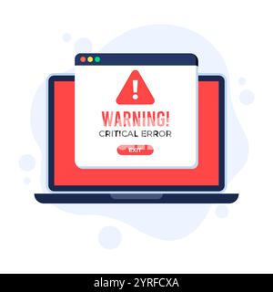 Icona del punto esclamativo sullo schermo del notebook, errore di sistema, avviso di avviso di sicurezza del sistema, criminalità informatica, vulnerabilità, virus del computer, ransomware, o bug, C. Illustrazione Vettoriale