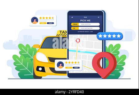 Illustrazione piatta del concetto di taxi online, applicazione servizio taxi sullo schermo dello smartphone, noleggio e condivisione auto, condivisione veicolo a distanza, pin di navigazione, Smar Illustrazione Vettoriale