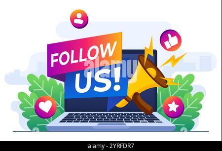 Modello vettoriale per illustrazioni piatte, megafono su laptop, pubblicità su Internet, Marketing, concetto di promozione sui social media per Web ba Illustrazione Vettoriale