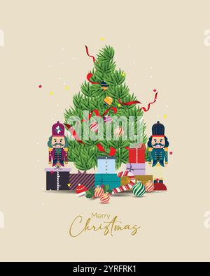 Natale e Capodanno. Abete di pino di Natale con decorazioni natalizie. Illustrazione Vettoriale