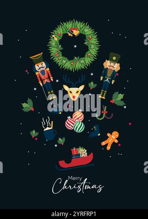 Buon biglietto di auguri natalizi con l'icona delle feste ed elementi Illustrazione Vettoriale