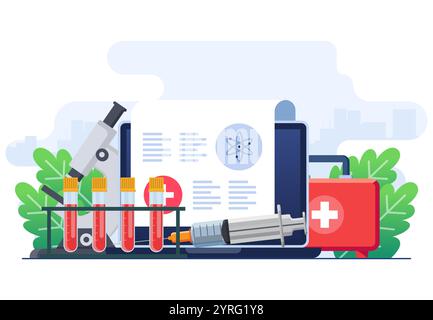 Esame di campioni di sangue in laboratorio, ricerca medica, controllo sanitario, documenti e riferimenti, screening sanitario per la diagnosi, assistenza sanitaria e. Illustrazione Vettoriale