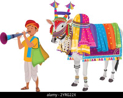 Bue decorato, bue decorato in stile indiano e uomo folk che suona strumento musicale Illustrazione Vettoriale
