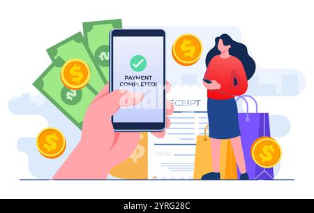 Effettuare un pagamento online di successo con smartphone, donna che utilizza servizi di mobile banking e transazioni sicure durante lo shopping online, e-c Illustrazione Vettoriale