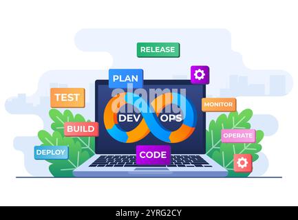 Modello vettoriale per illustrazione piatta DevOps Concept, sviluppo software e operazioni IT, Sign of Infinity as Symbol software Engineering, Technical S Illustrazione Vettoriale