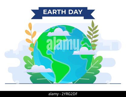 Modello vettoriale piatto per illustrazione del concetto Earth Day per poster, banner, consapevolezza ecologica, cura della natura e dell'ambiente, Green Globe, R Illustrazione Vettoriale