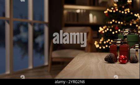 Primo piano di un tavolo in legno con scatole regalo di Natale, ornamenti e un albero di Natale luminoso in un accogliente soggiorno di notte. rendering 3d, illustrazione 3d. Foto Stock