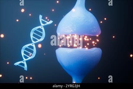 Sinapsi elettriche e DNA, geni umani e concetti del sistema nervoso, rendering 3d. illustrazione 3d. Foto Stock