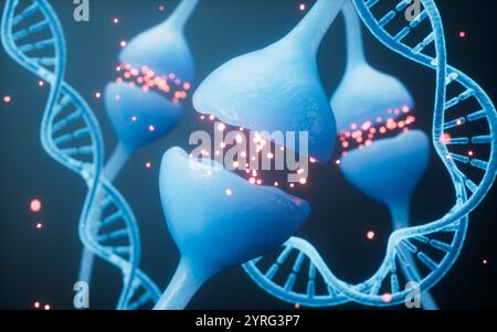 Sinapsi elettriche e DNA, geni umani e concetti del sistema nervoso, rendering 3d. illustrazione 3d. Foto Stock