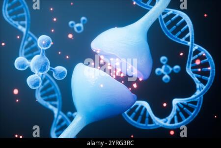 Sinapsi elettriche e DNA, geni umani e concetti del sistema nervoso, rendering 3d. illustrazione 3d. Foto Stock