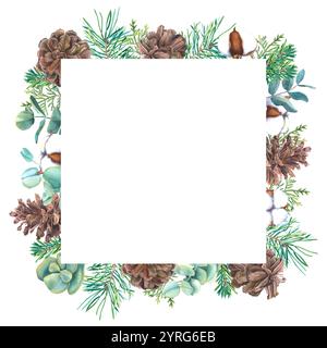 Incorniciare con rami di alberi di Natale ad acquerello, coni di pino, eucalipto e bolls di cotone. Illustrazione disegnata a mano del modello per l'invito di Capodanno Foto Stock