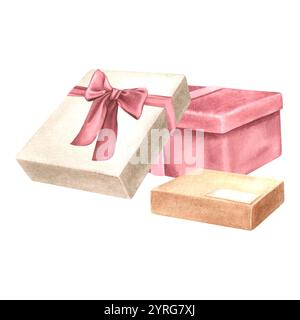 Scatole di cartone regalo con nastri e fiocchi. Illustrazione ad acquerello disegnata a mano di regali per le vacanze su sfondo isolato. Sorprese Foto Stock