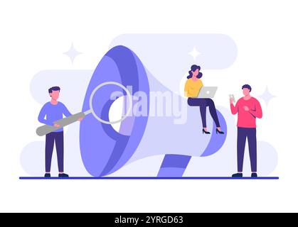 Unisciti al nostro team, gruppo di persone con megafono gigante, stiamo assumendo un'illustrazione piatta per landing page, banner Web, social media, infografica Illustrazione Vettoriale