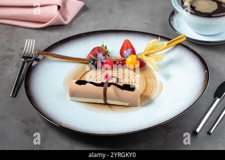 Presentazione moderna ed elegante di mousse al cioccolato alla frutta o parfait semi-surgelato Foto Stock