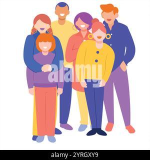 Famiglia, famiglie diverse festeggiano. Le persone felici si divertono insieme. Genitori positivi, coppia con bambini divertenti, illustrazione di design moderno, Illustrazione Vettoriale