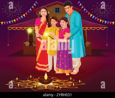 Happy Diwali festival con famiglia felice, festival indiano di luci diwali celebrazione biglietto di auguri Illustrazione Vettoriale