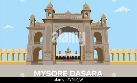 Festival dasara del palazzo di Mysore, porta d'ingresso al Palazzo di Mysore, Palazzo Amba Vilas Mysuru, Karnataka Illustrazione Vettoriale