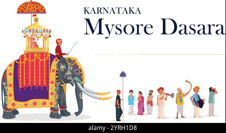 Elefante Mysore dasara, Balarama era l'elefante principale della processione Mysore Dasara e portava l'idolo della dea Chamundeshwari, Illustrazione Vettoriale