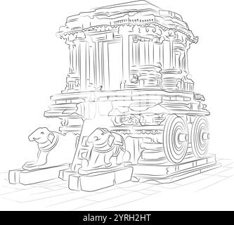 Carro in pietra, monumenti Hampi, disegnati a mano in stile sottile Illustrazione Vettoriale