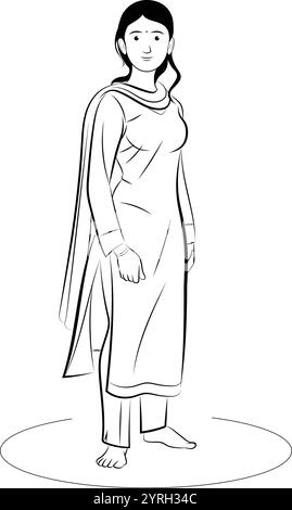 Donna indiana che indossa il salwar kameez, disegnata a mano in stile sottile Illustrazione Vettoriale