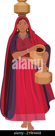 Donna indiana del villaggio del Gujarat che trasporta la pentola d'acqua, donna indiana del villaggio che trasporta l'acqua Illustrazione Vettoriale