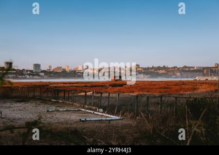 Tranquilla capanna per il birdwatching nelle vivaci paludi salate al tramonto, con il fiume douro che riflette le calde sfumature e il paesaggio urbano di porto in lontananza Foto Stock