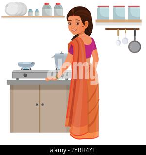 Donna che cucina in cucina, donna che prepara il cibo Illustrazione Vettoriale