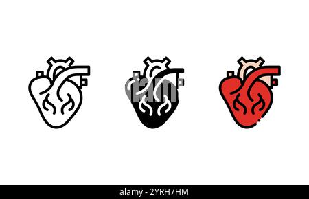 Icona cuore anatomico umano. icona vettoriale con contorno, glifo e stile contorno pieno, rappresentata dall'organo cardiaco umano. Illustrazione Vettoriale