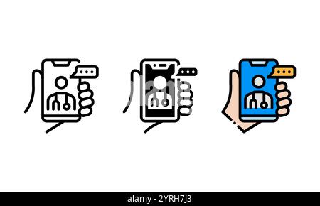 icona telehealth. icona vettoriale con contorno, glifo e stile contorno pieno. rappresentato da una mano che tiene in mano uno smartphone e comunica con un medico Illustrazione Vettoriale
