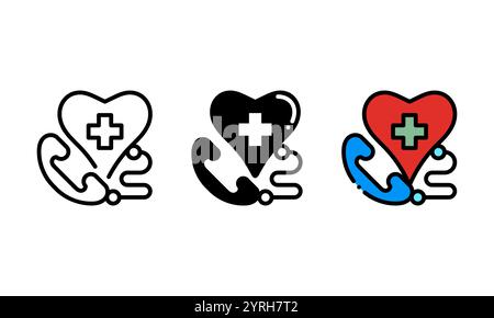 Icona chiama dottore. icona vettoriale rappresentata da un telefono fisso, un cuore e un segno più. perfetto per il settore sanitario. Illustrazione Vettoriale