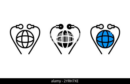 Icona mondiale dell'assistenza sanitaria. stile diverso, rappresentato da un globo a reticolo e da uno stetoscopio. erfect per temi sanitari Illustrazione Vettoriale